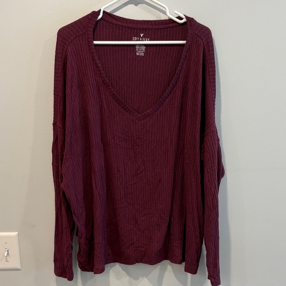 Deep Maroon V-Neck Blouse by Aerie
